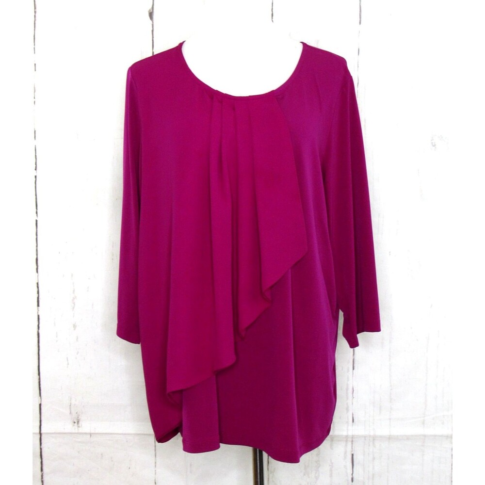 Susan Graver Liquid Knit Top 2X Fushia Pink 3/4 Sleeve Crossover Front Drape
